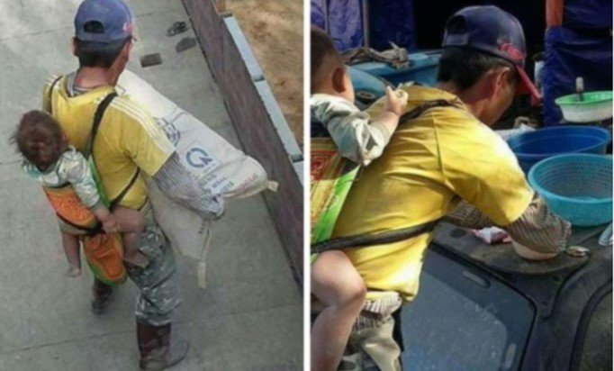 La historia detrás del albañil que trabaja con su bebé en la espalda