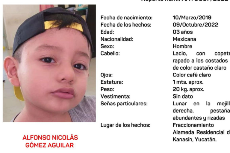 Activan Alerta Amber para localizar a Alfonso Nicolás Gómez Aguilar de 3 años, despareció en Kanasín